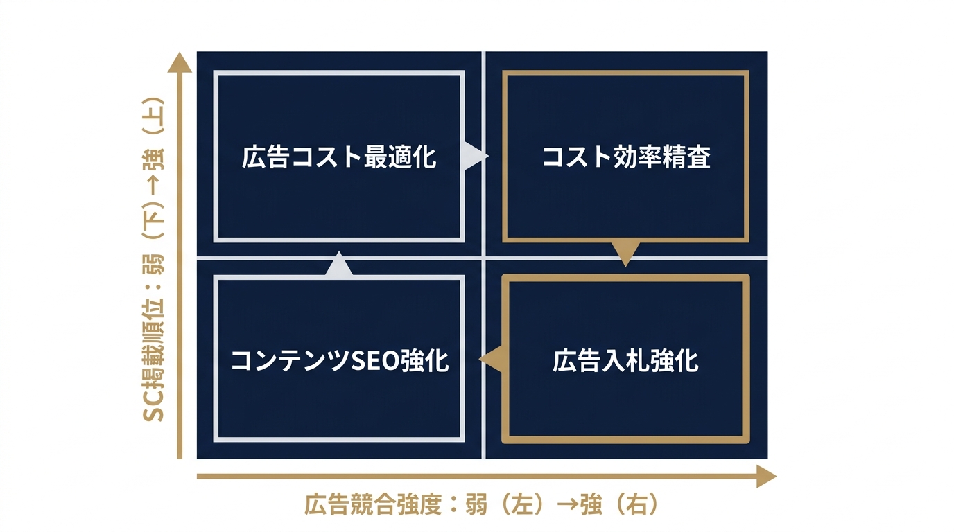 SC強度×広告競合強度の4象限クエリ分類マトリクス