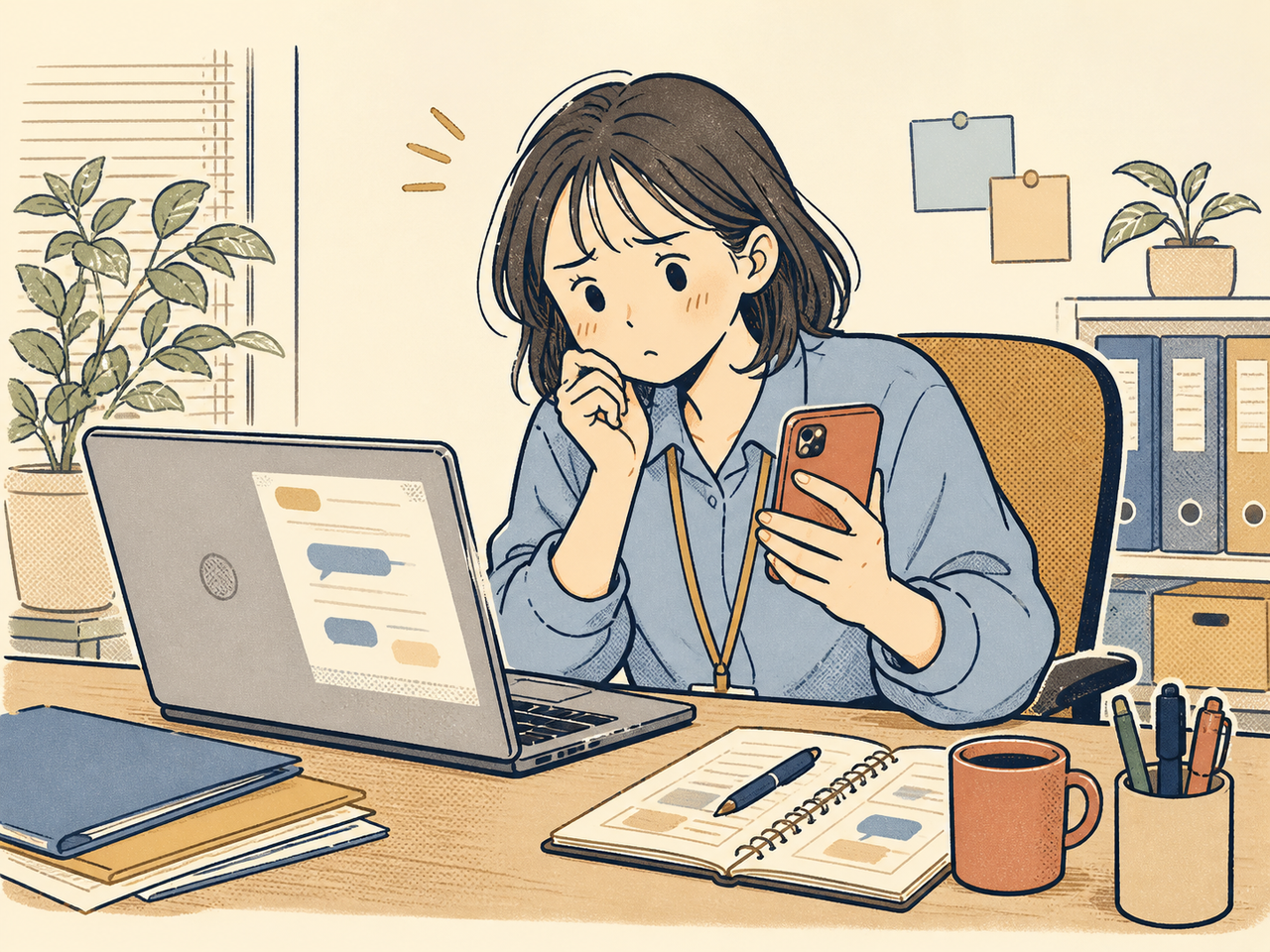 通知メールと変更履歴を見比べて原因を探る担当者