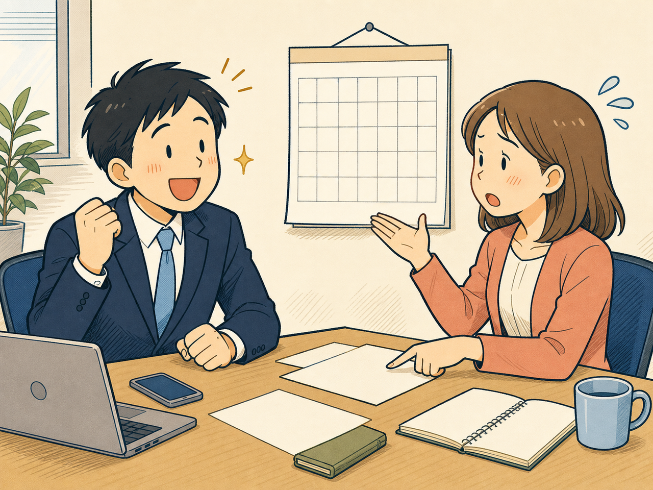 運用担当と経理担当が向き合って相談する場面