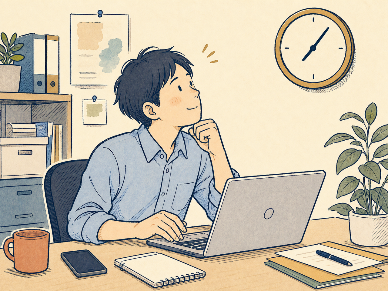 焦らず待つ担当者、時計を見て少し安堵