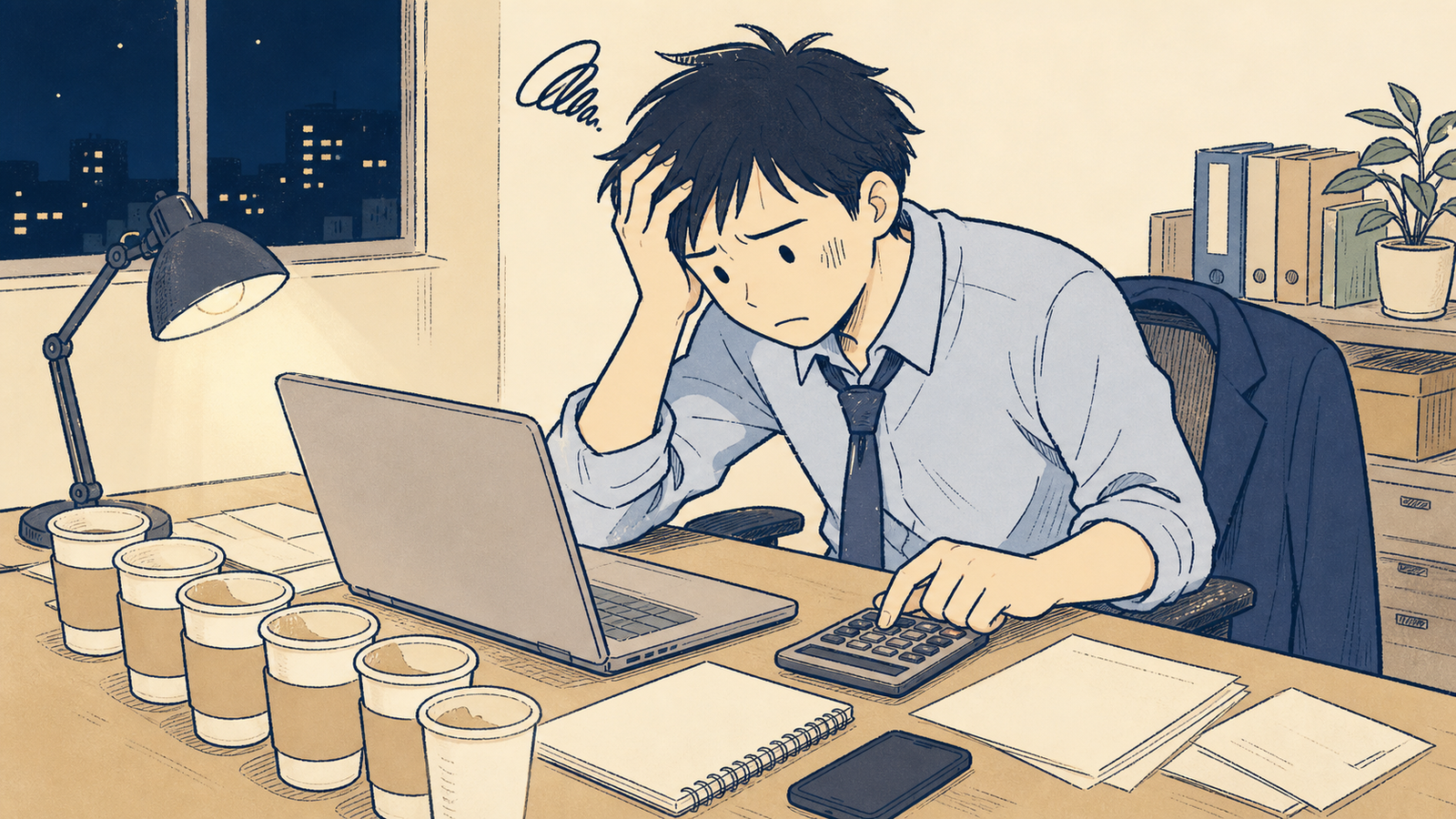 深夜のオフィスで予算配分に頭を抱える運用者