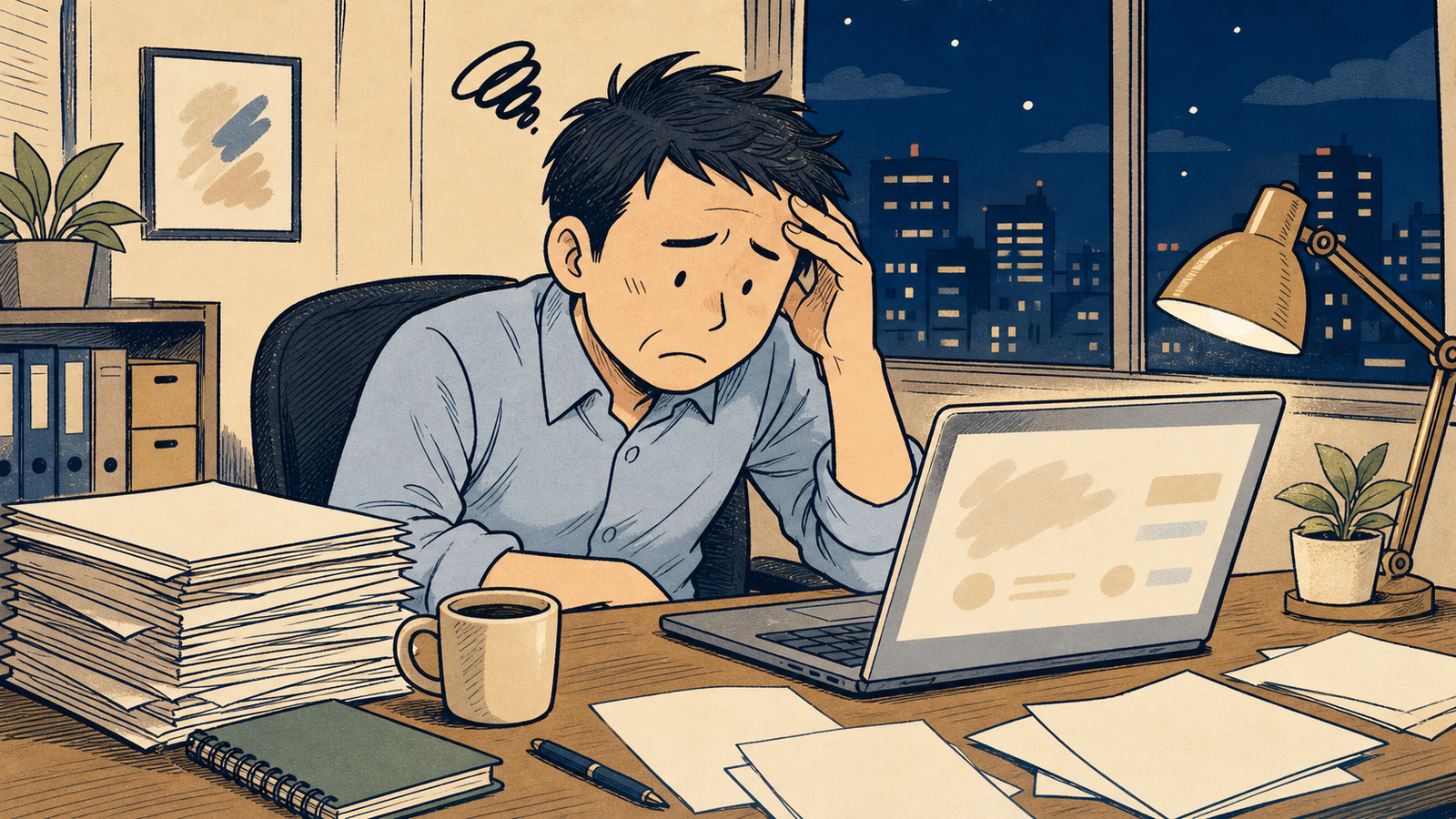 契約書を前に頭を抱える深夜の経営者