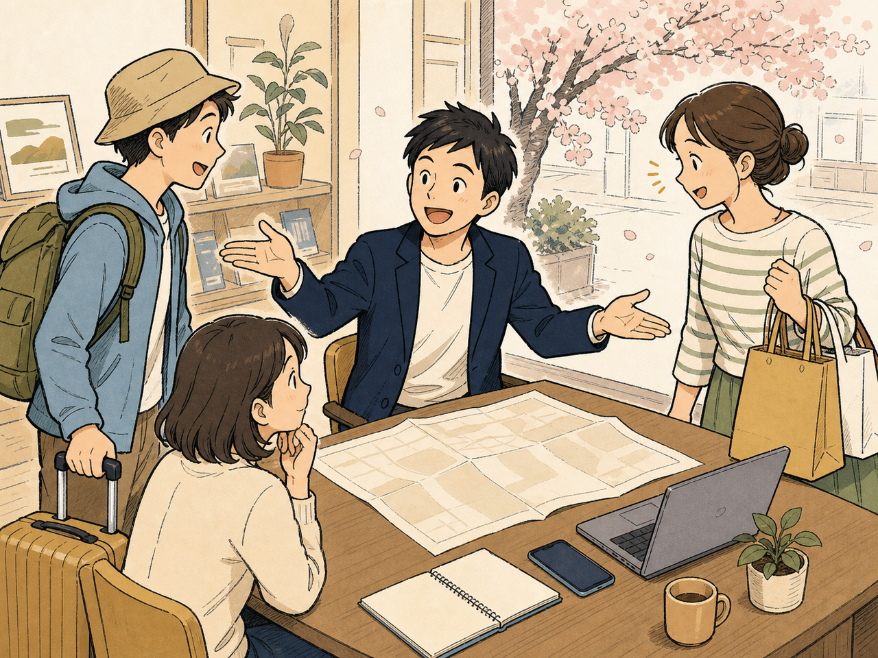 観光客と地元客、両手で示しながら語る担当者