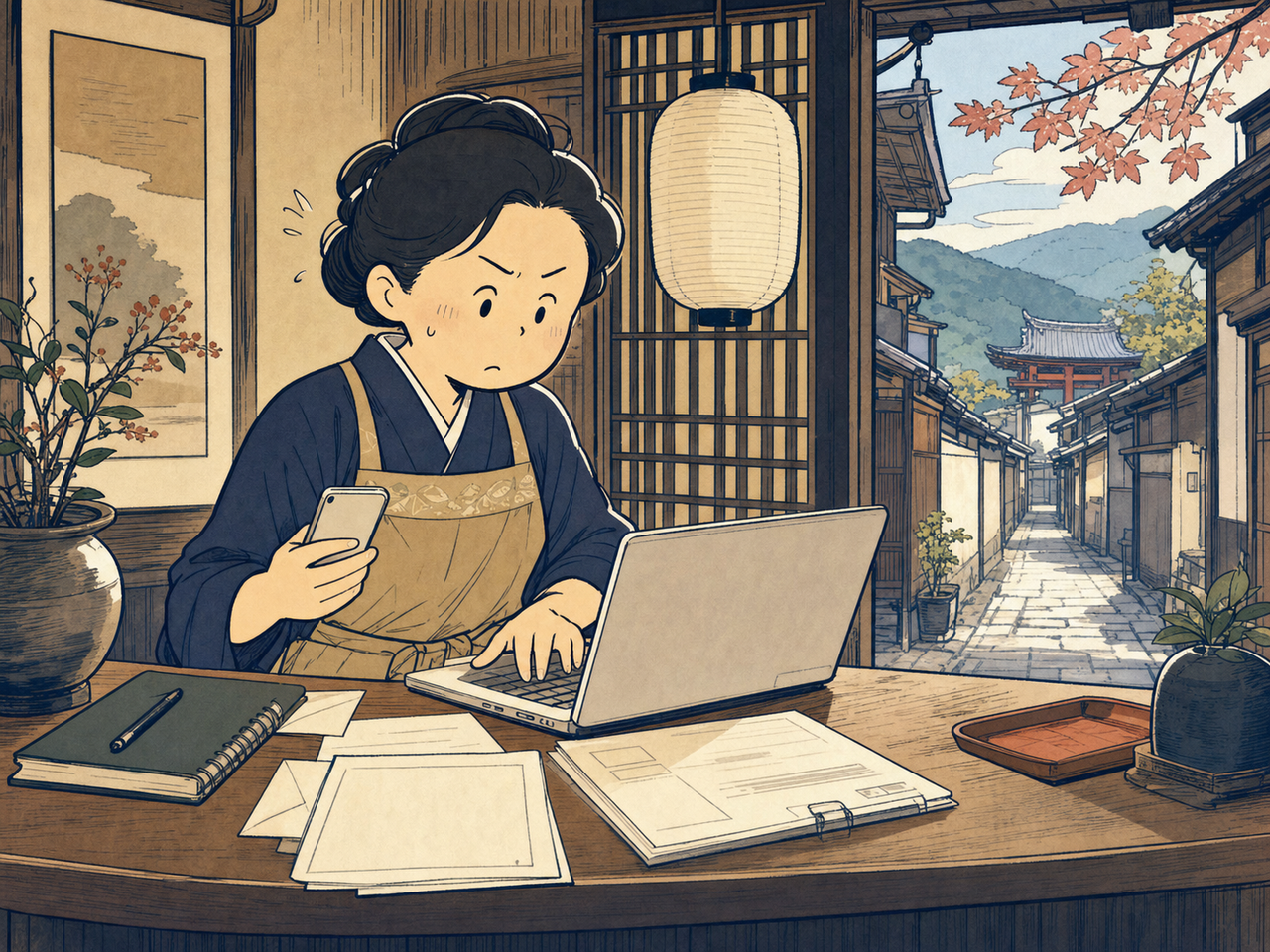 書類を手に登録情報を入力する宿の女将