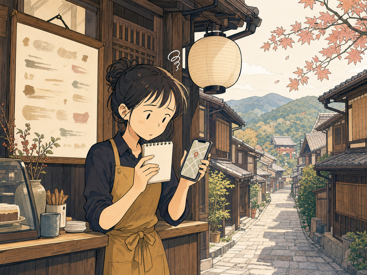 「上ル」の住所メモと地図ピンを見比べる店員