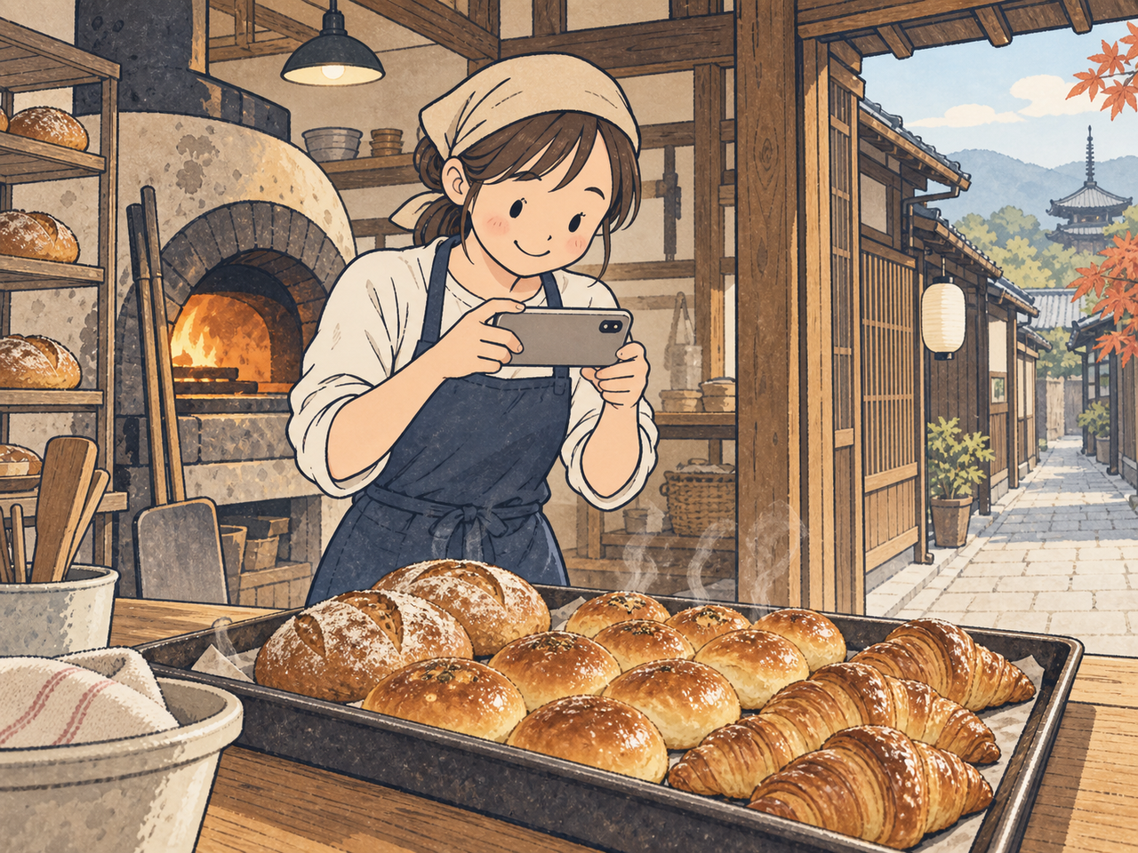 焼き上がりをスマホで撮影する店員