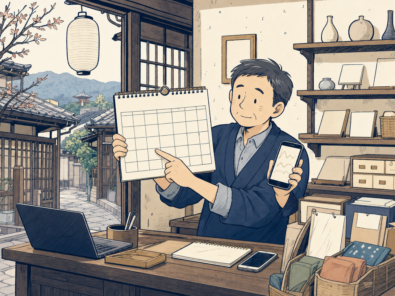 紅葉明けの12月、前年の数字と見比べる店主