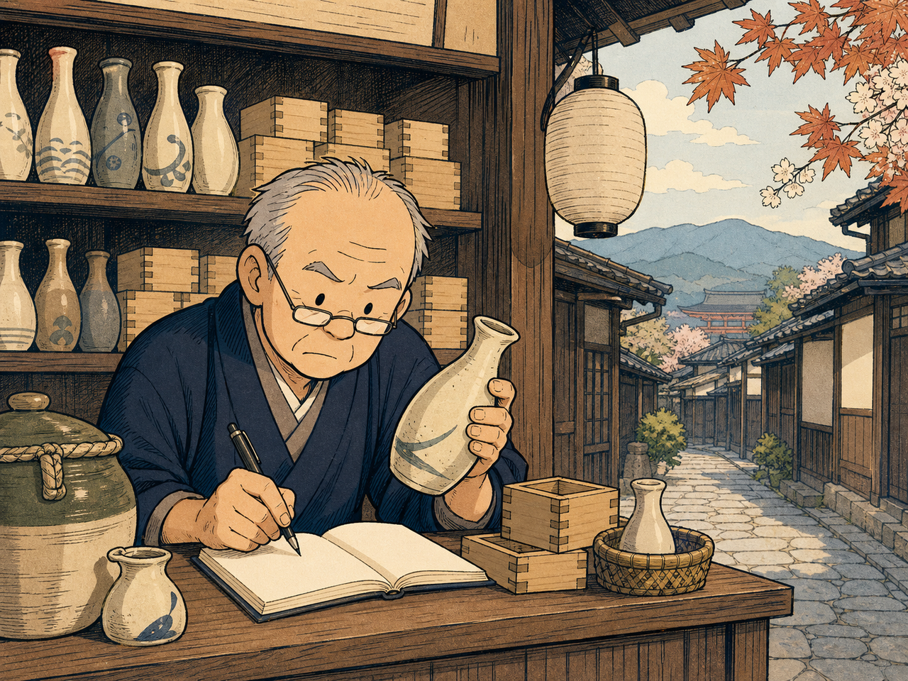 日本酒のラベル説明文を書き直す酒屋の店主