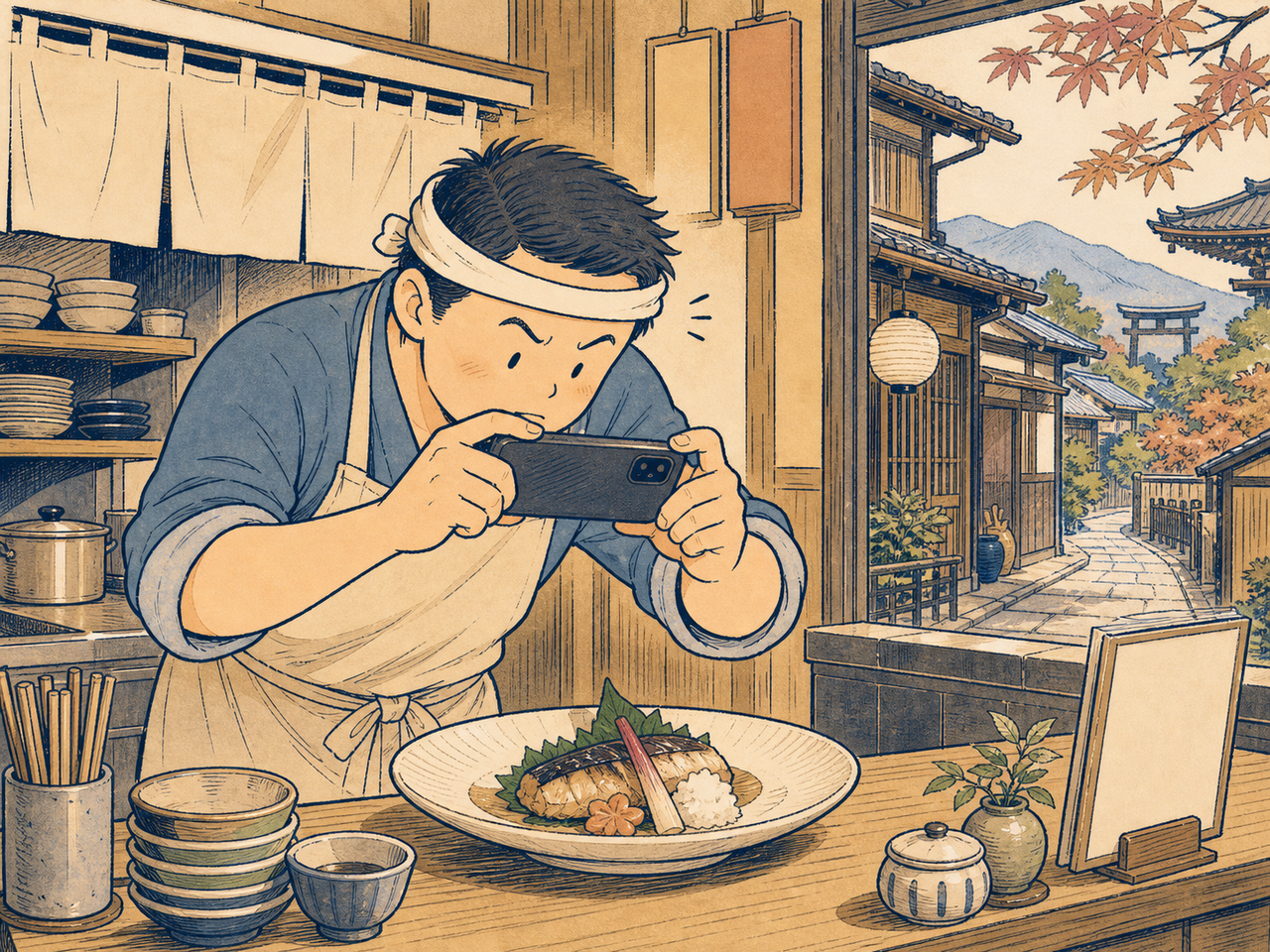 祭り前、店主がスマホで料理写真を撮る