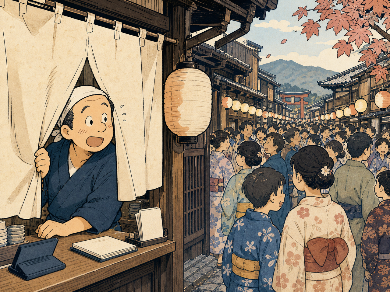 祇園祭の人混みに驚く店主