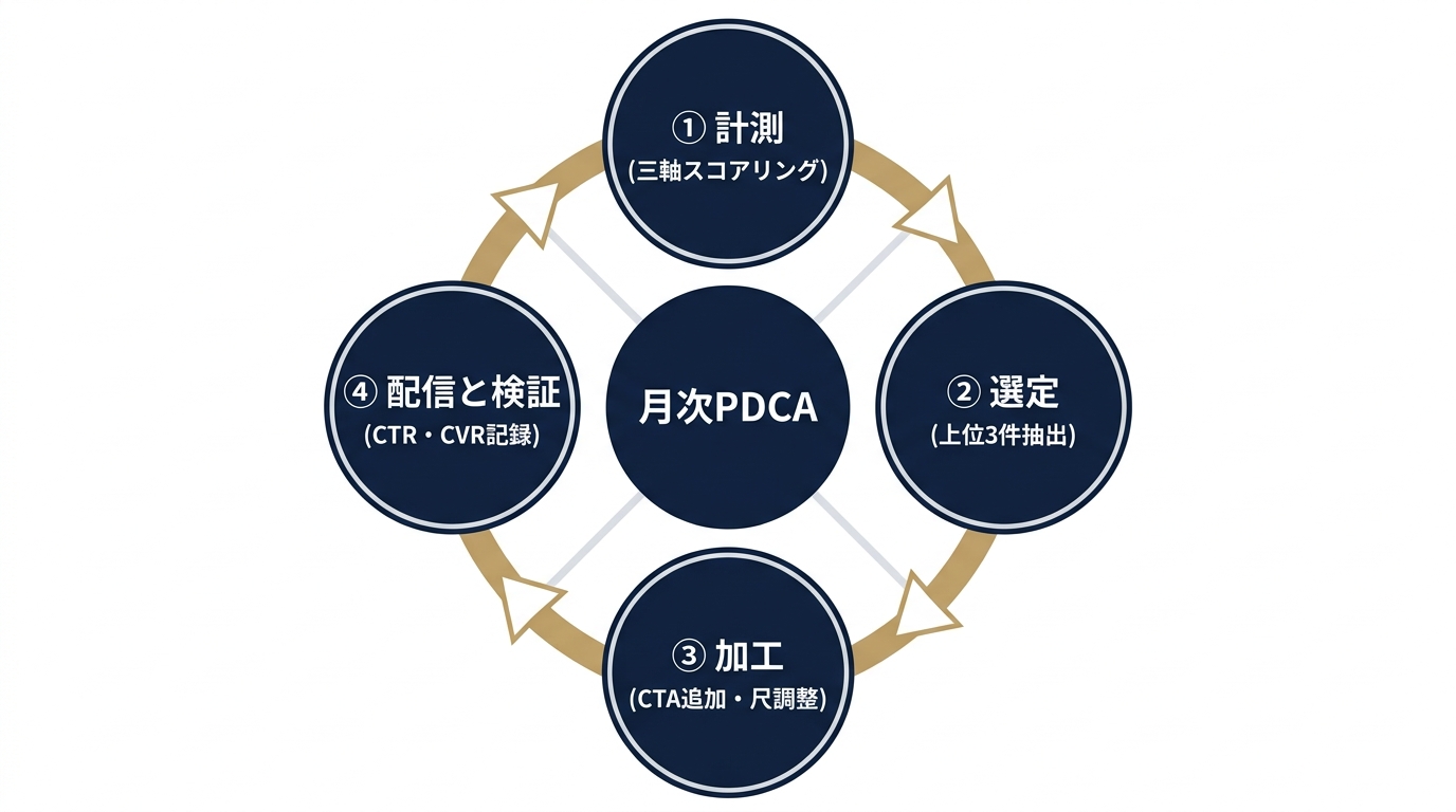 勝ちコンテンツ再利用の月次4ステップサイクル