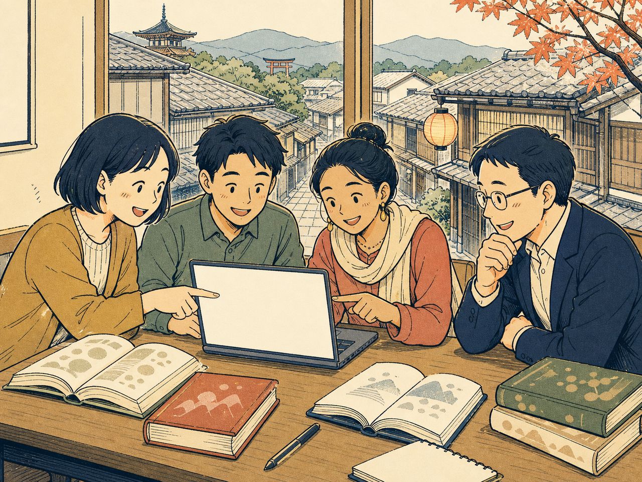 留学生アシスタントと言葉を練る担当者