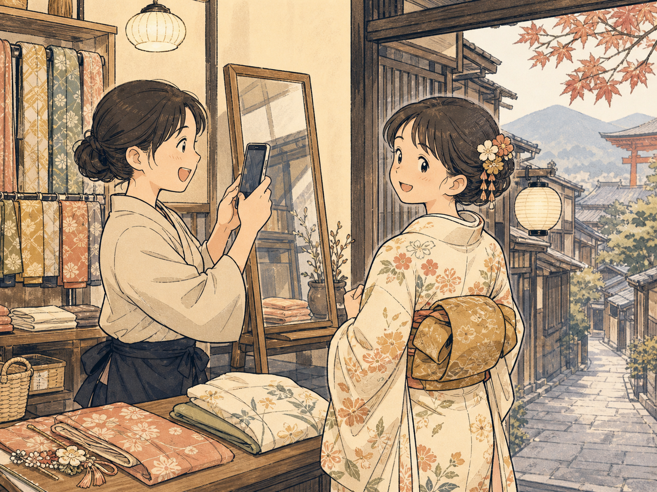 着付けを終えたゲストの一瞬を切り取るスタッフ