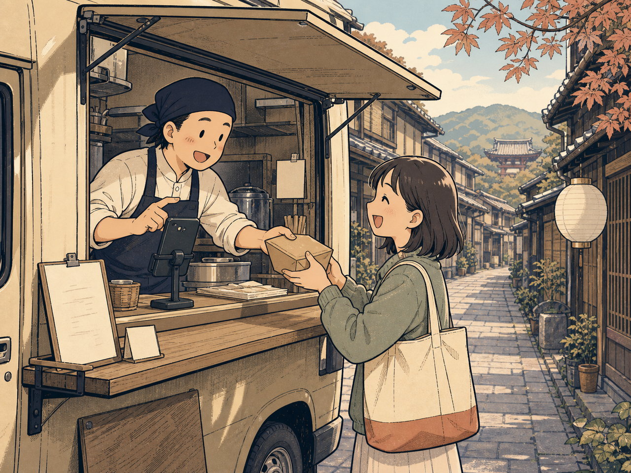常連客に料理を手渡す店主の笑顔