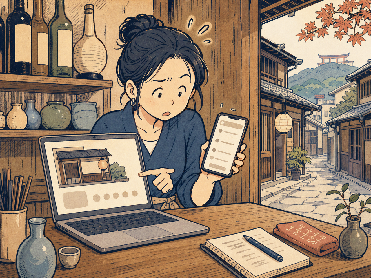 PCとスマホの検索結果を見比べて首をかしげる