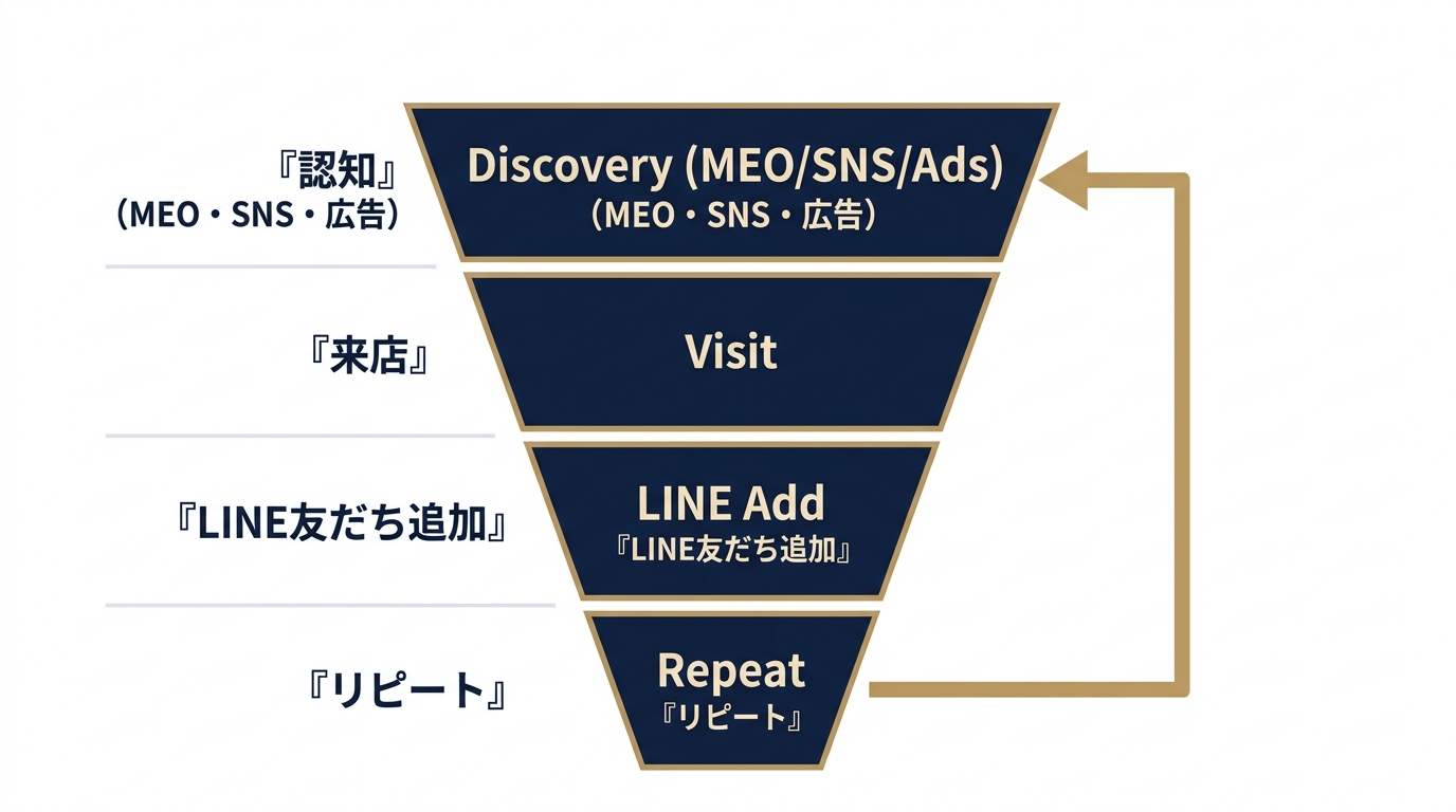 新規接点からリピートへつながる4段階ファネル
