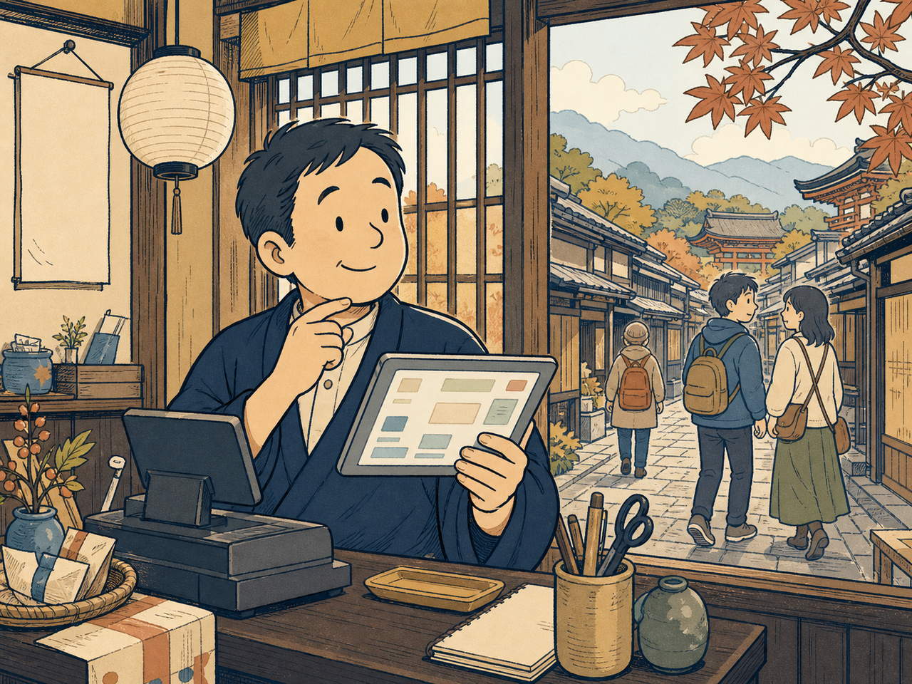 紅葉シーズンの人出を見ながら予算を調整する店主