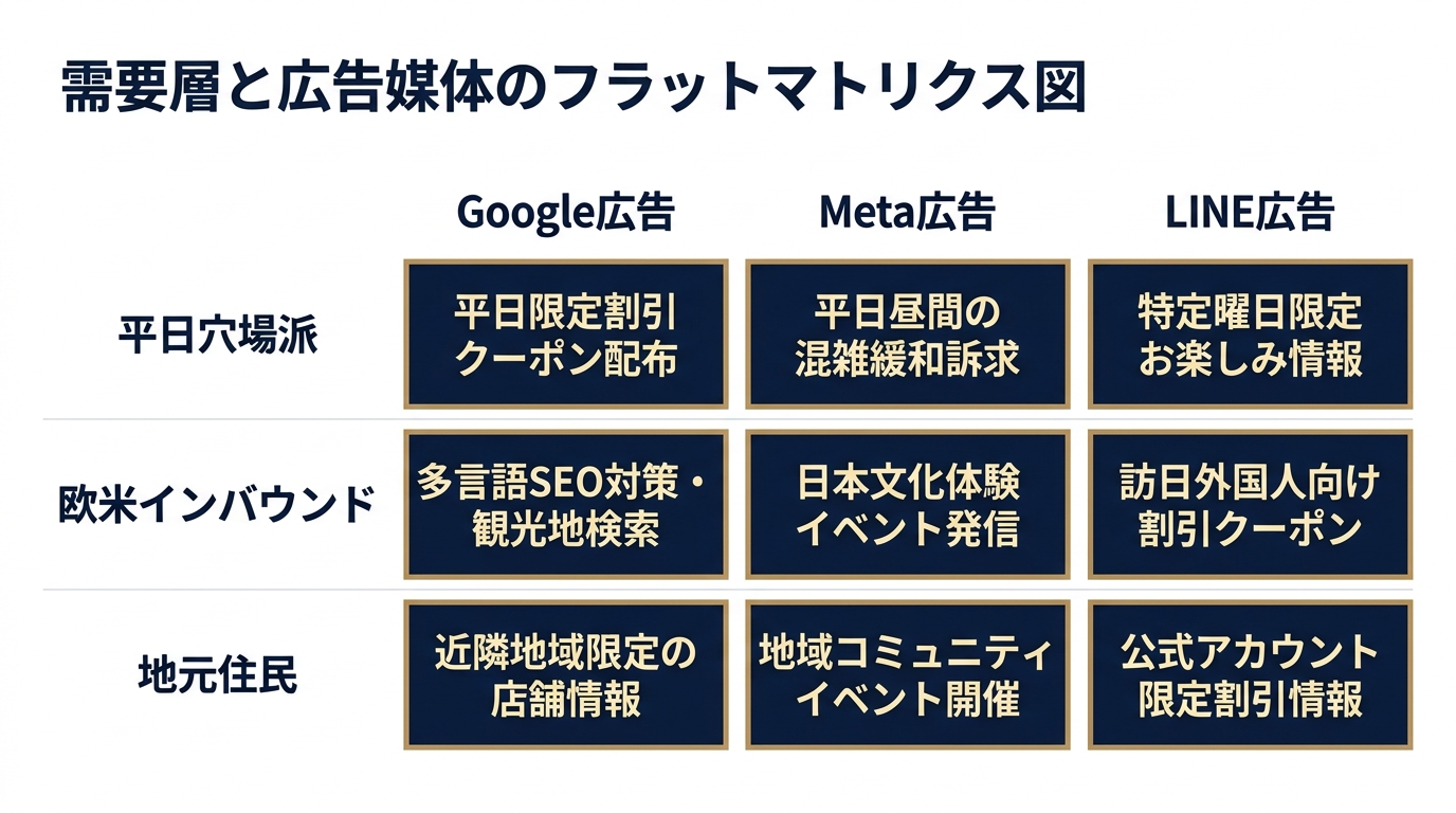 需要層×媒体マトリクス：閑散期の配信設計