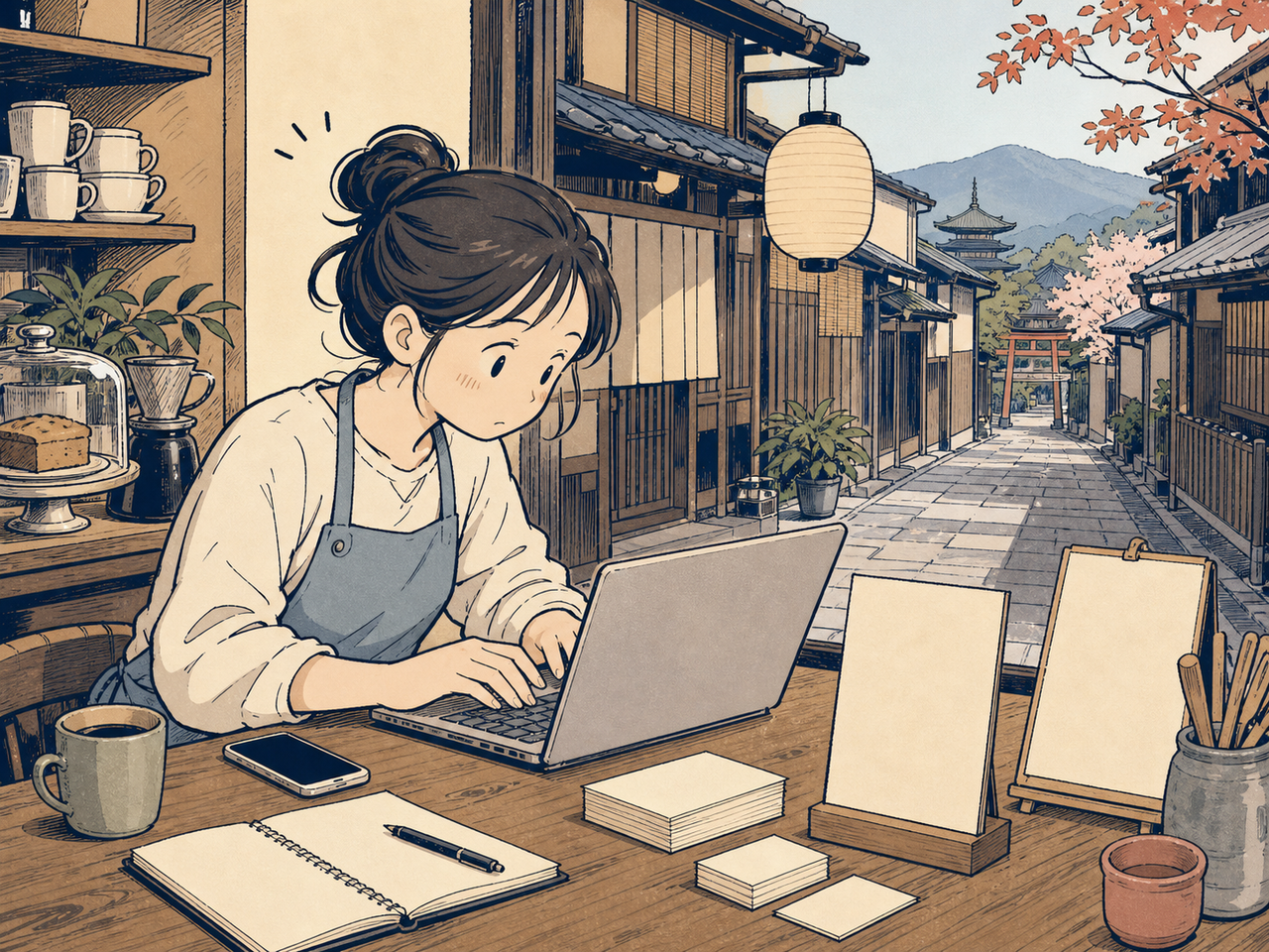 英語の資料を揃えて申請フォームに入力する店主