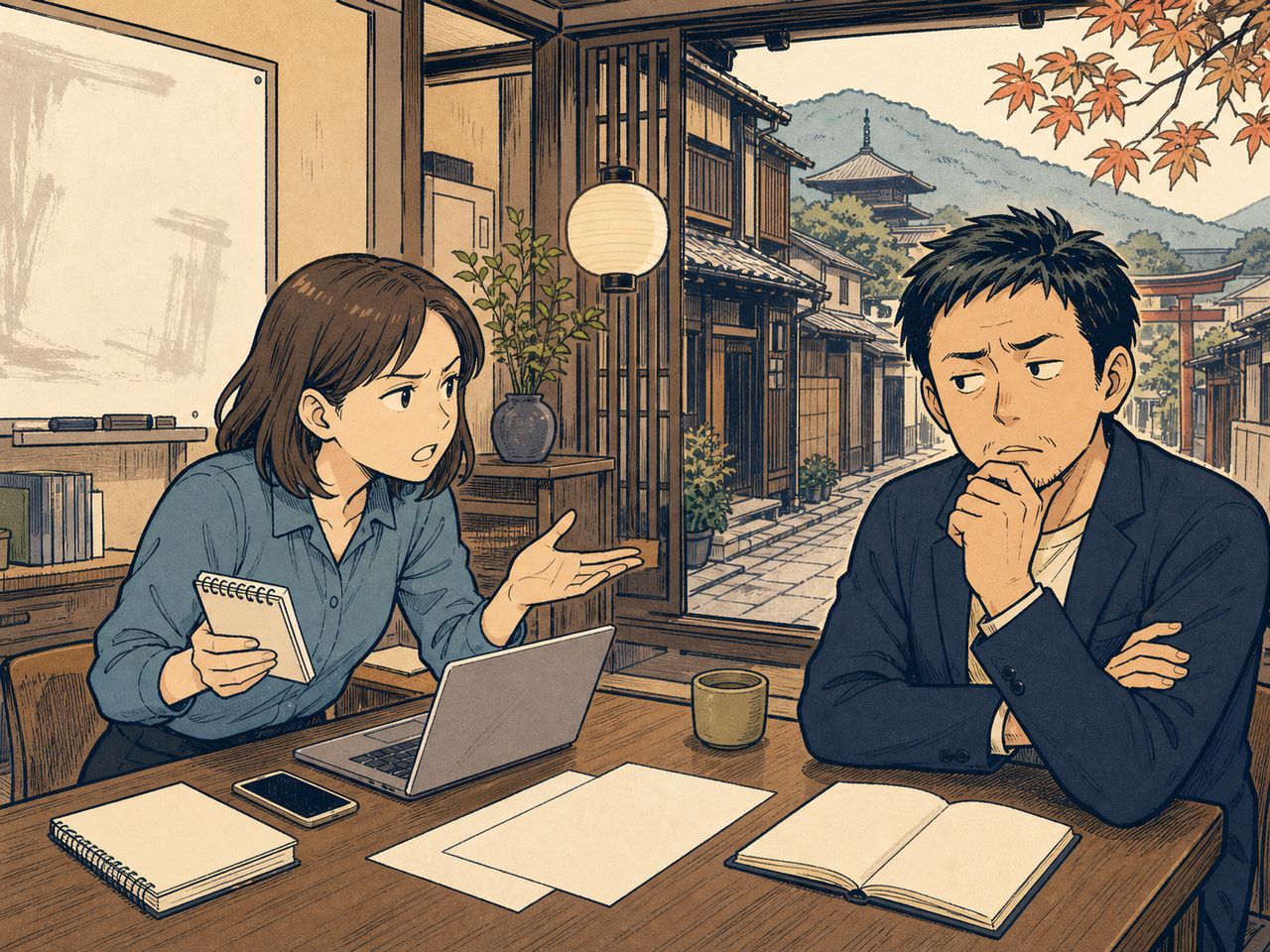 商談で質問リストを手に身を乗り出す担当者