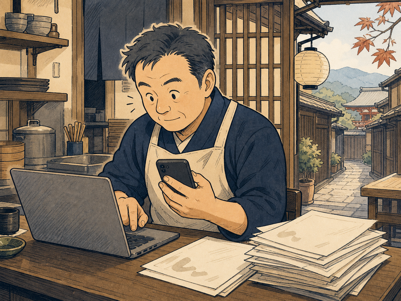 電話認証コードを打ち込む店主