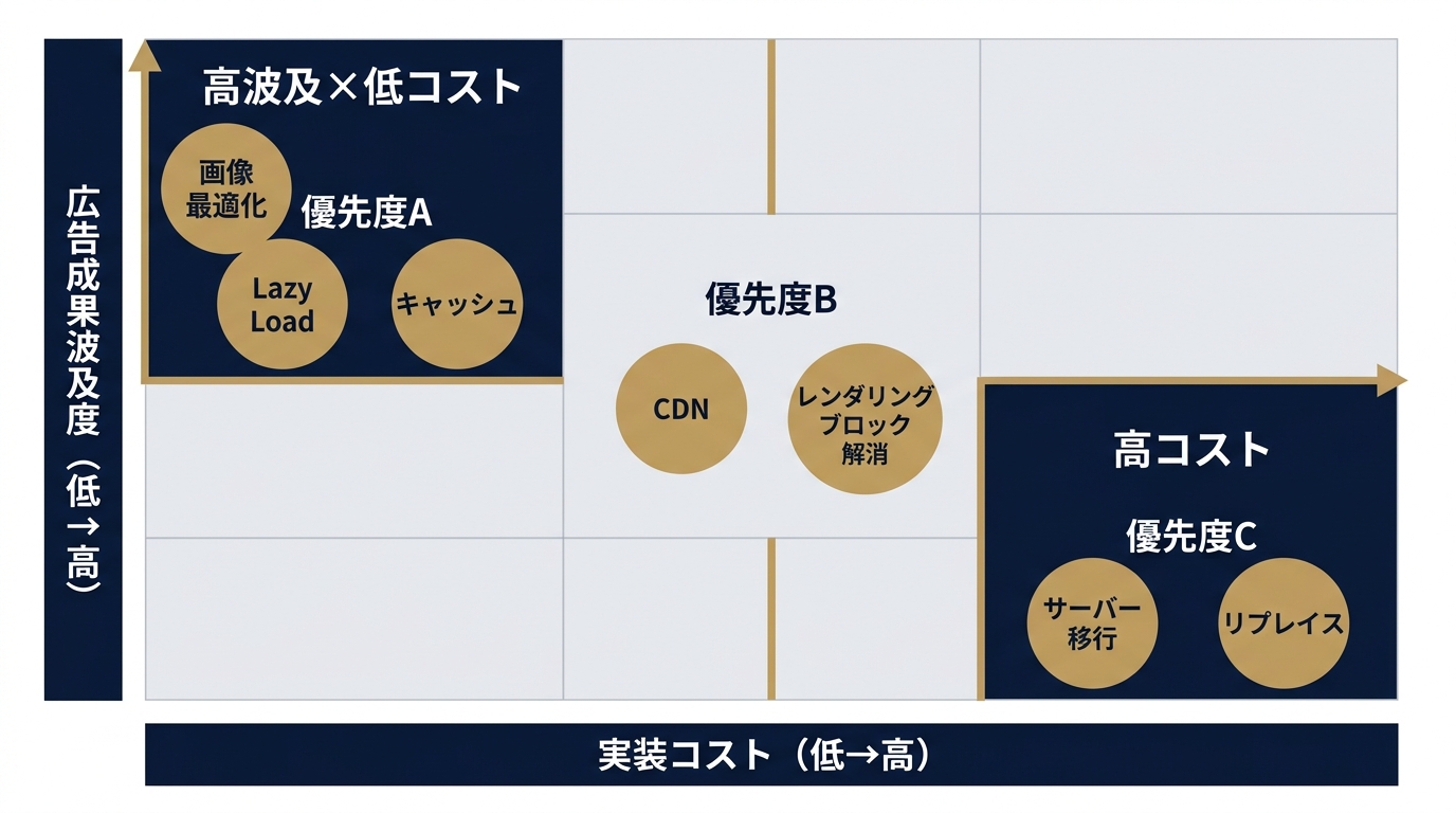 施策を優先度A〜Cに分類した判断マトリクス