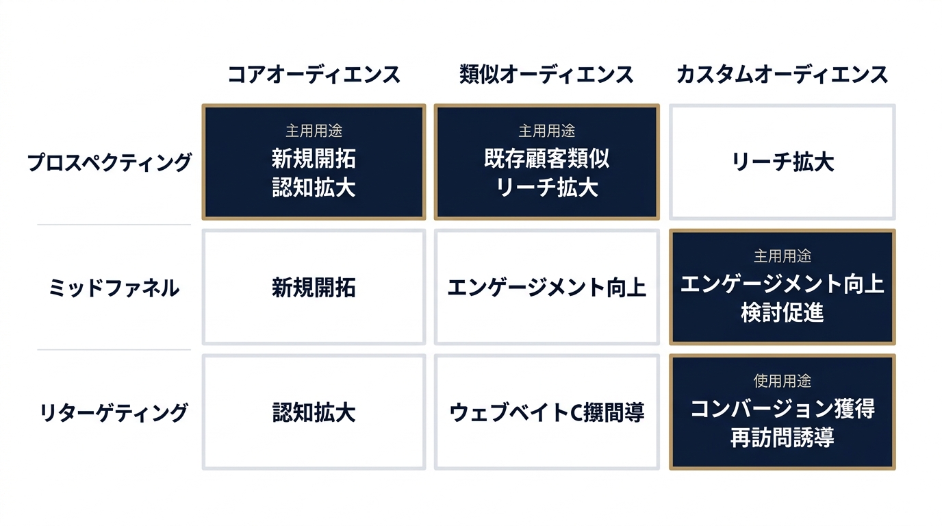 3種類のオーディエンスとファネル段階の対応関係