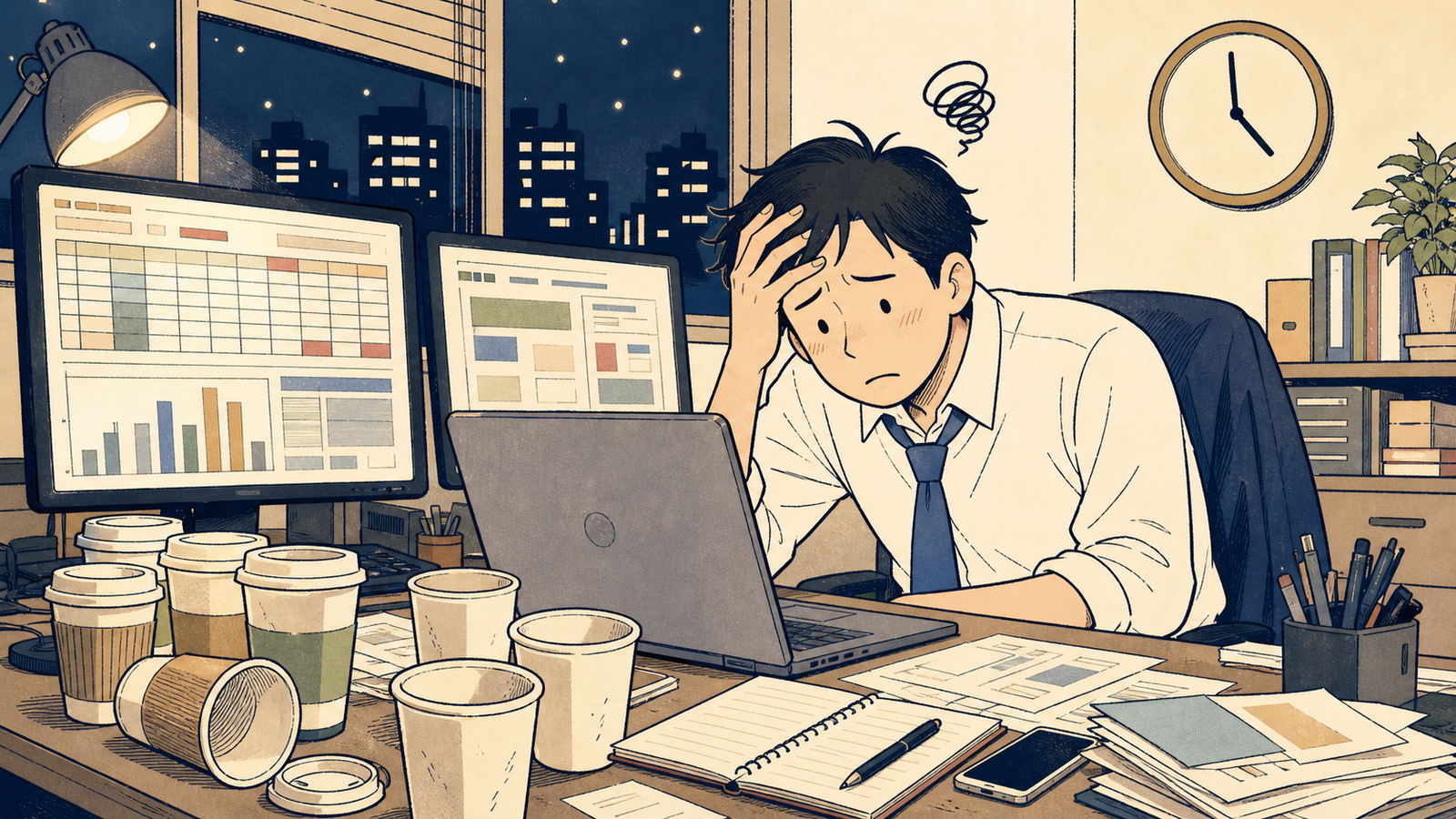 深夜のオフィスでレポートに頭を抱える運用担当者