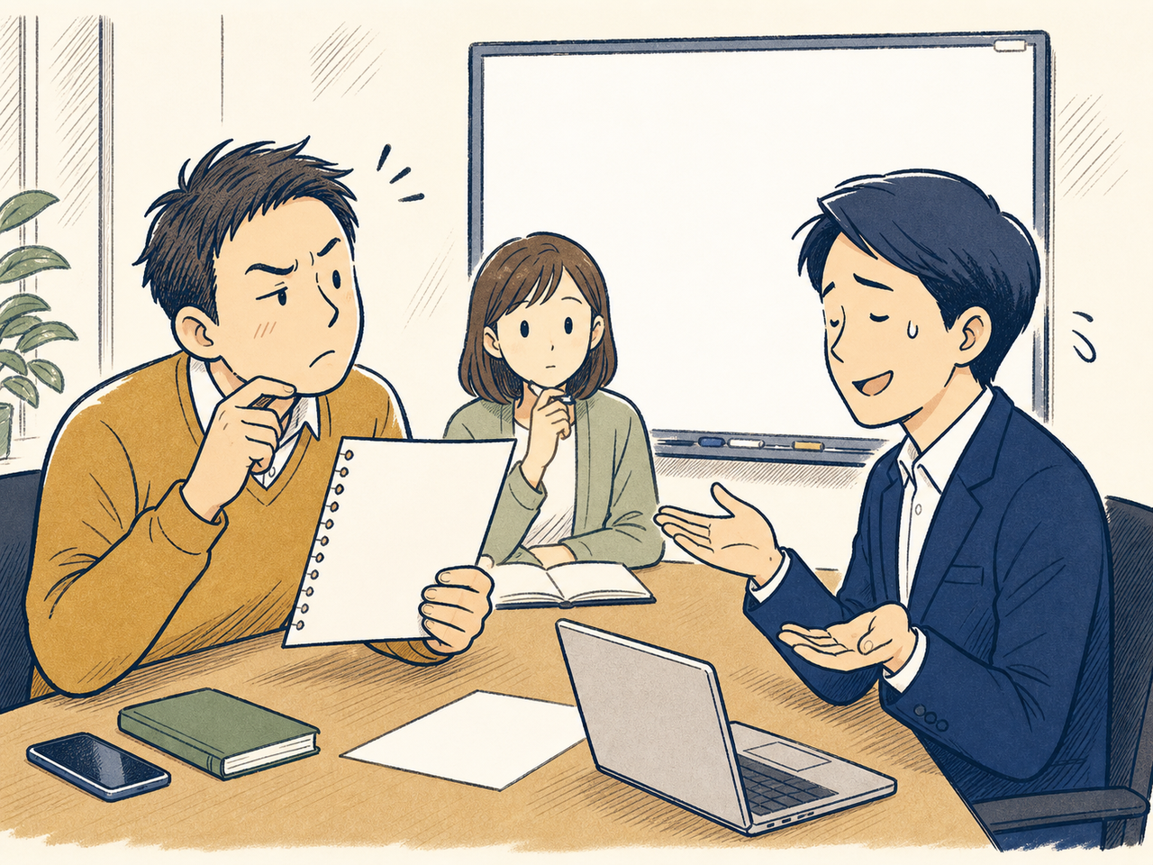 曖昧な返事に眉をひそめる商談の一幕