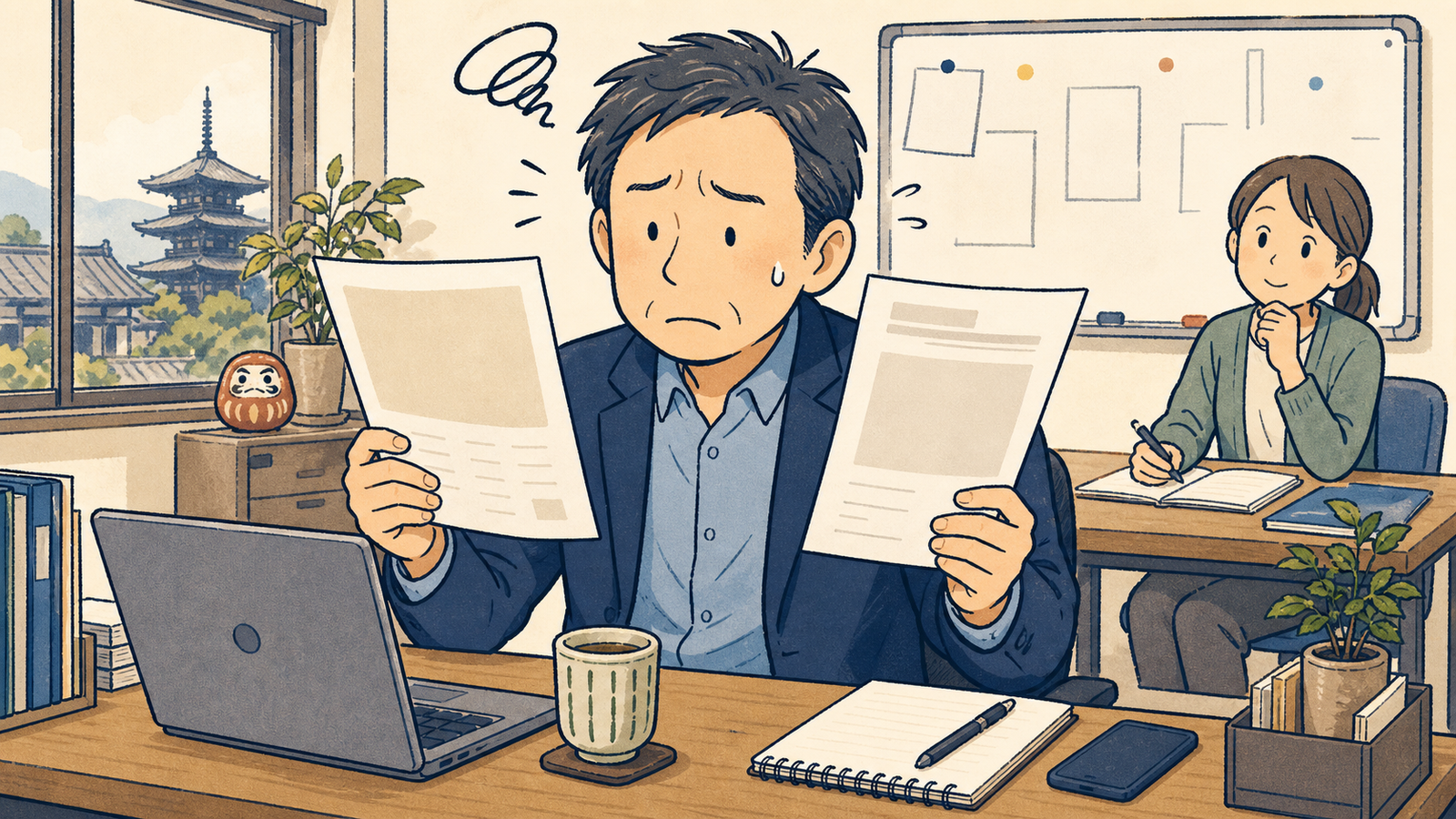 外注か自社か、見積書と求人票を前に悩む社長