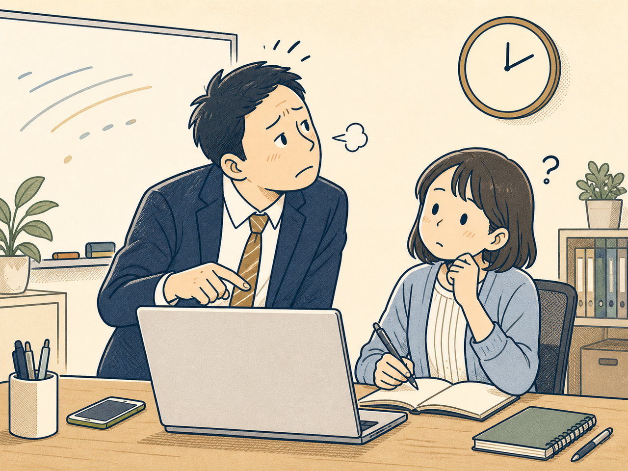 半年かかる教育、疲れた顔で時計を見る先輩社員