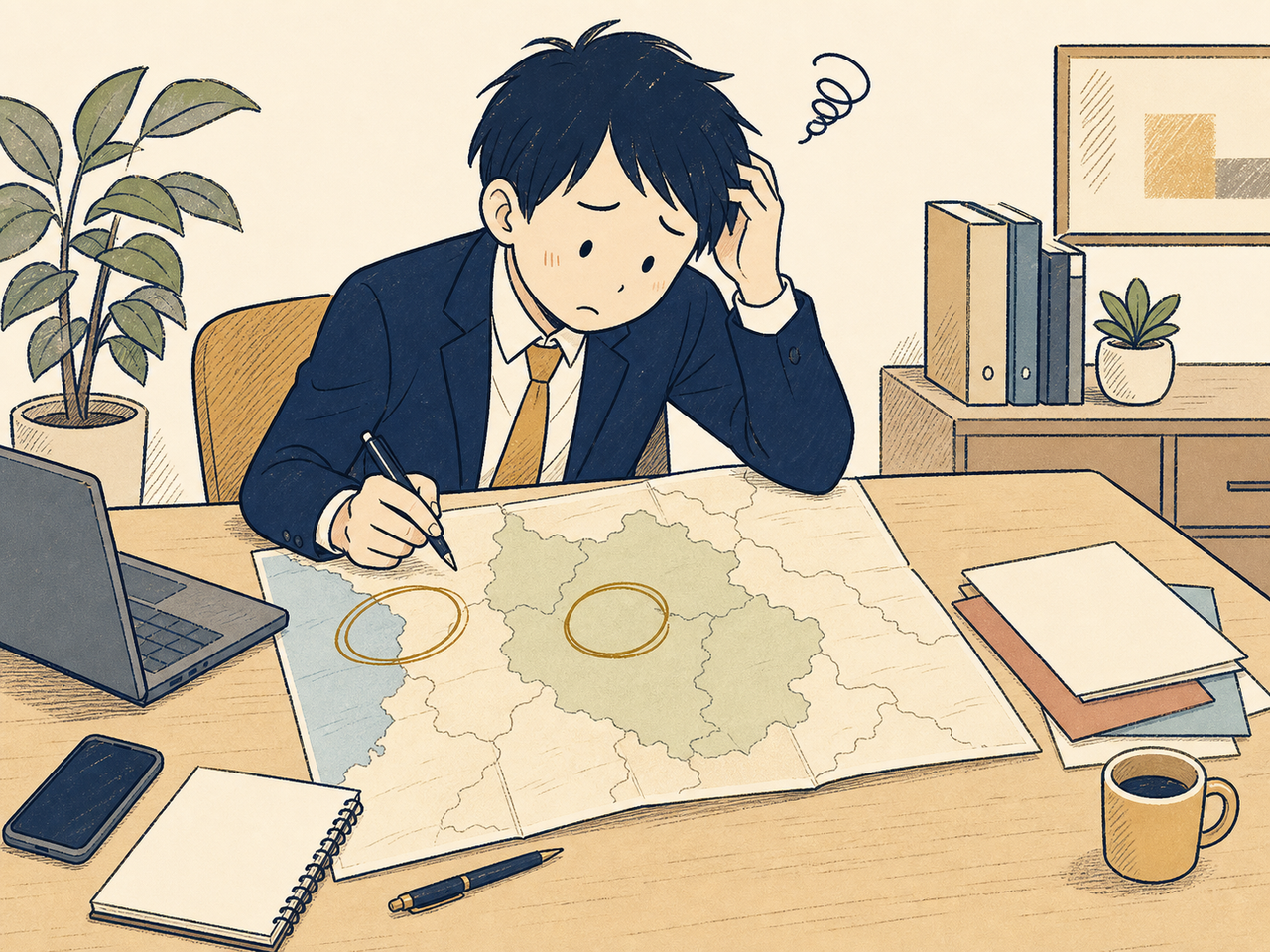 奈良の地図を前に首をかしげる県外担当者