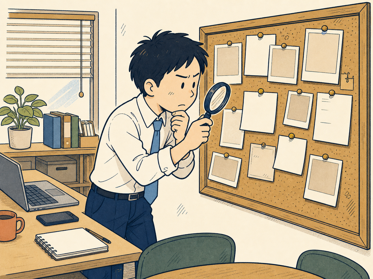 コルクボードの手がかりを調べる探偵のような担当者
