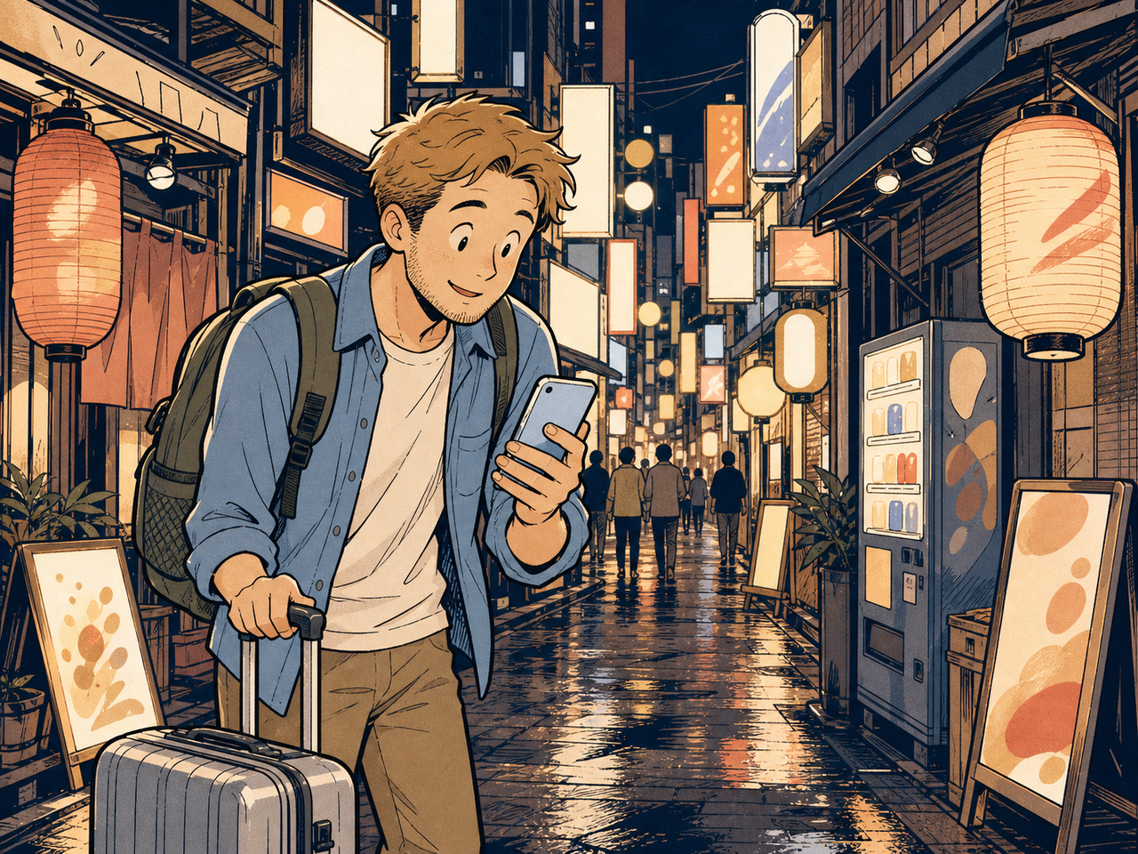 スマホの旅行者向け広告に気づく観光客