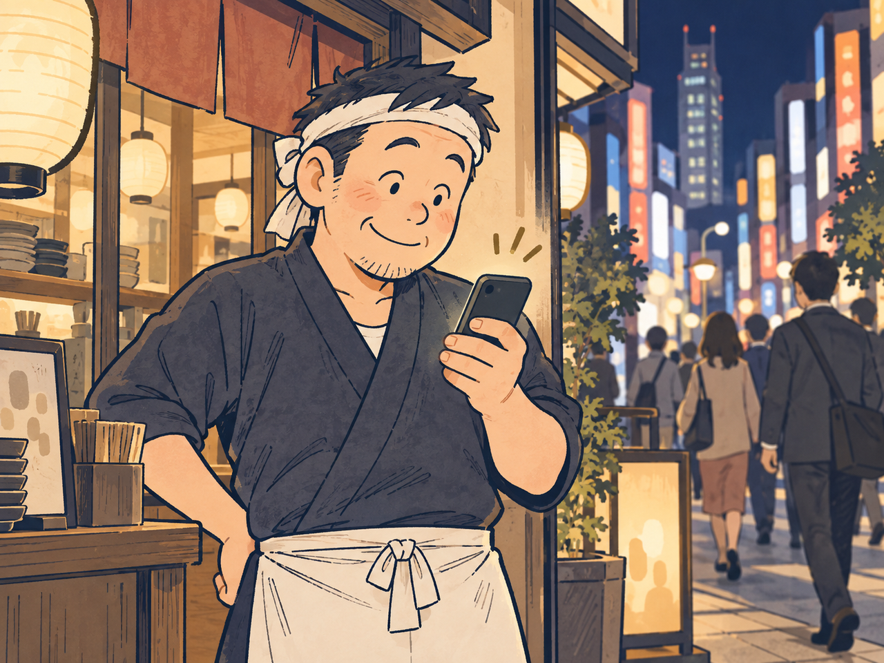 夜の新宿で予約対応を考える店主