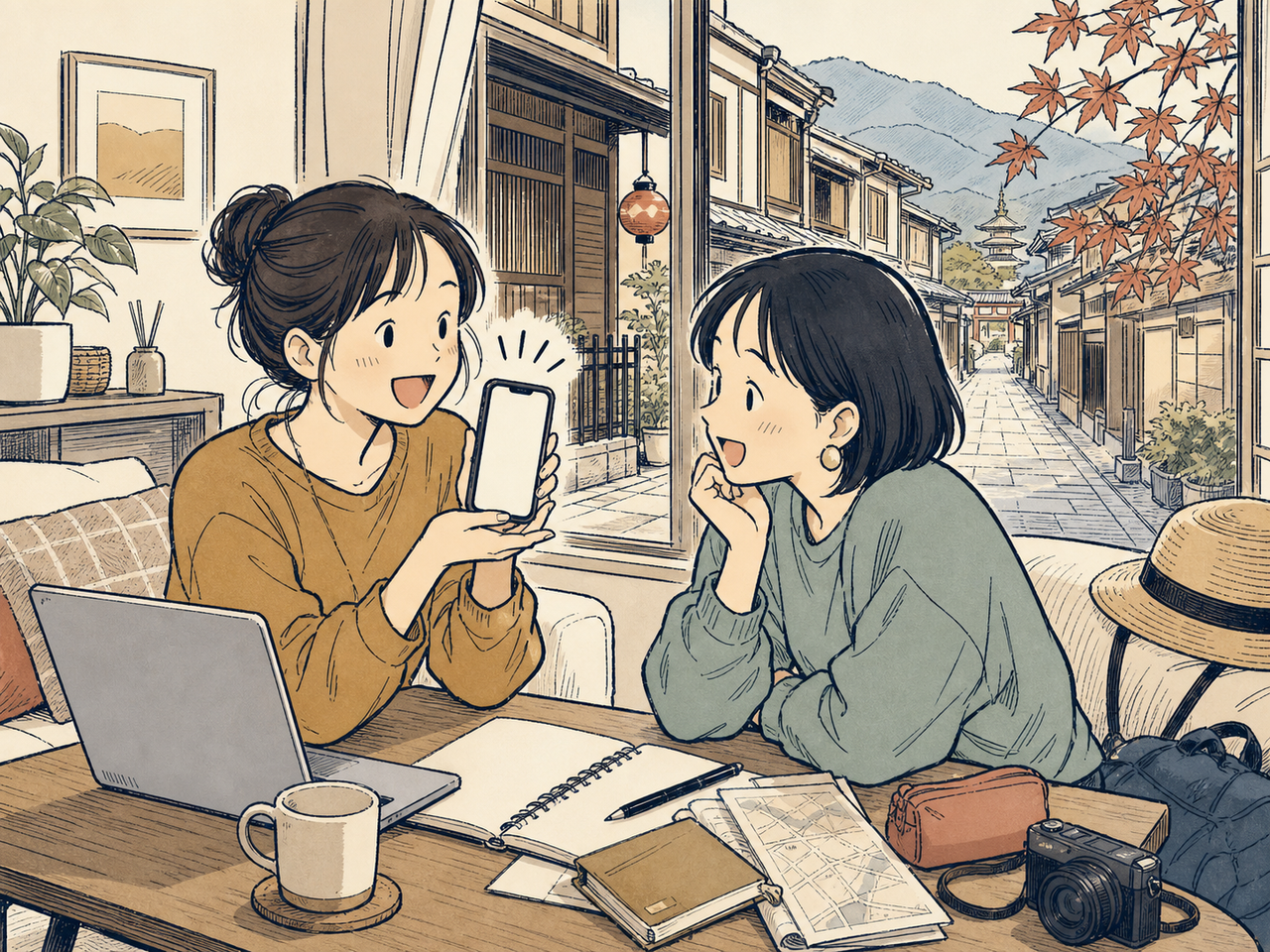 旅行前にスマホで宇治のカフェを調べる観光客