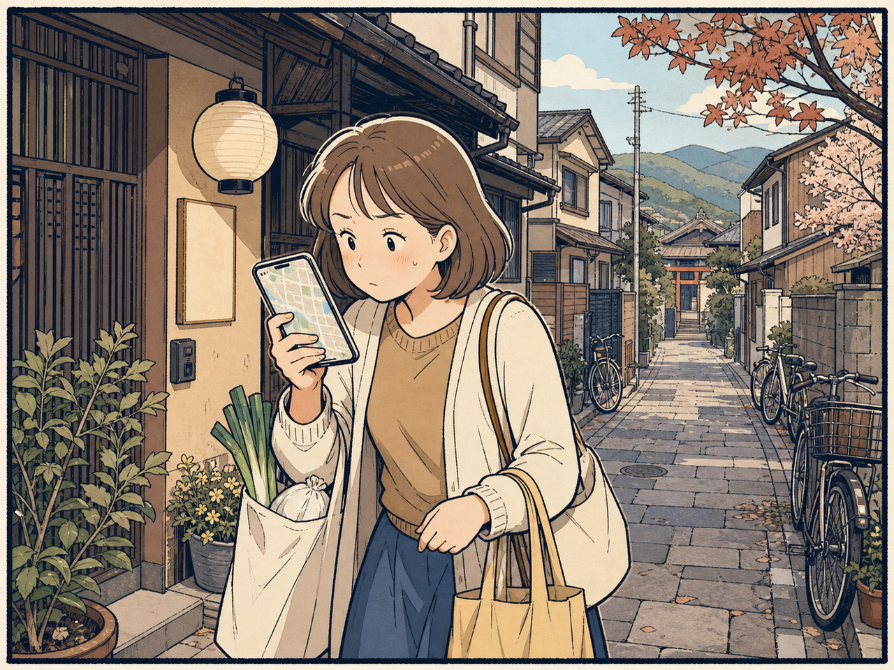 近所の主婦が「近くの美容室」を検索する場面