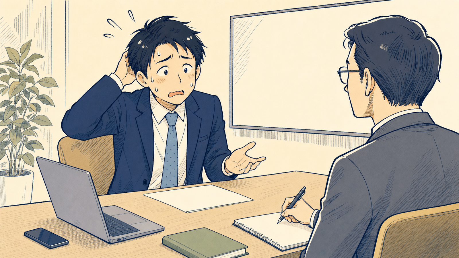 面接で言葉に詰まる広告運用者のワンシーン