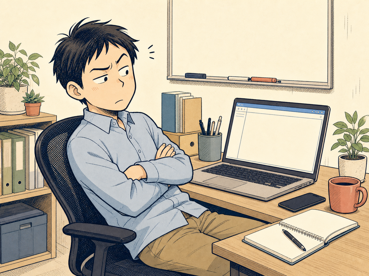 案内メールを見て腕を組み考え込む