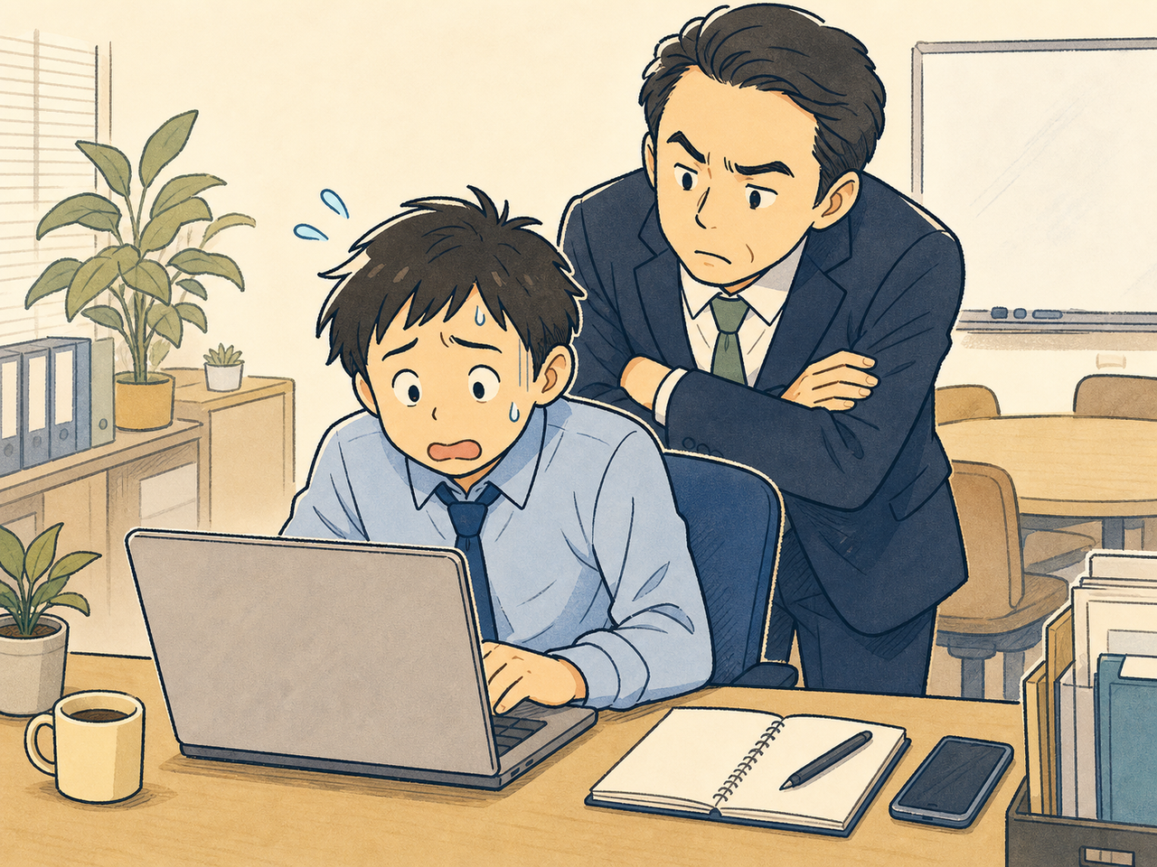 画面を見つめたまま固まる新人の背中