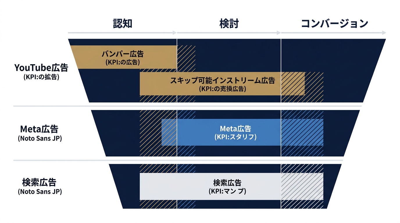 YouTube・検索・Metaの媒体別ファネル役割分担図